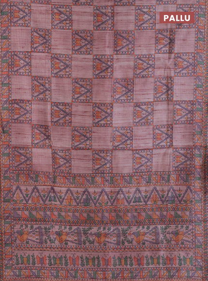 Semi tussar saree pastel pink with allover mathubani prints & kantha stitch work
