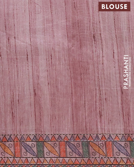 Semi tussar saree pastel pink with allover mathubani prints & kantha stitch work