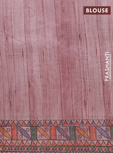 Semi tussar saree pastel pink with allover mathubani prints & kantha stitch work