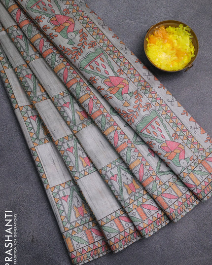 Semi tussar saree grey with allover mathubani prints & kantha stitch work