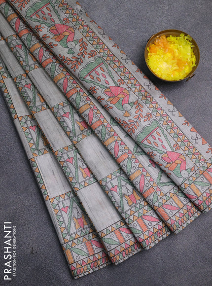 Semi tussar saree grey with allover mathubani prints & kantha stitch work