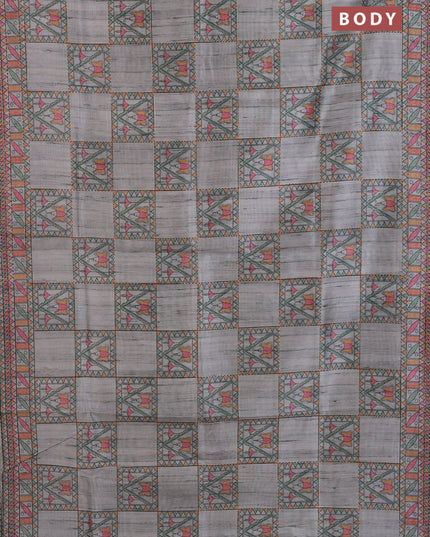 Semi tussar saree grey with allover mathubani prints & kantha stitch work