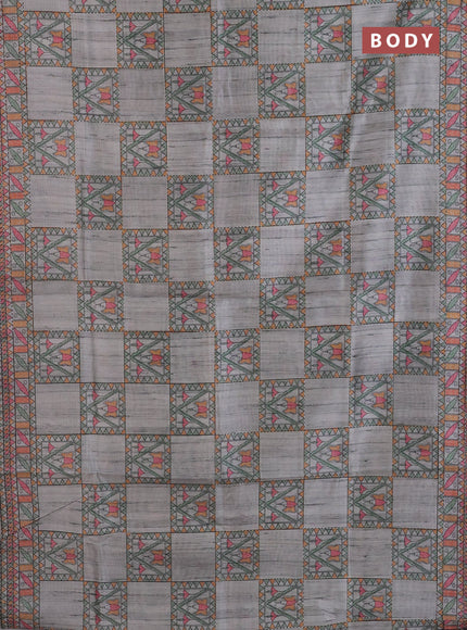 Semi tussar saree grey with allover mathubani prints & kantha stitch work