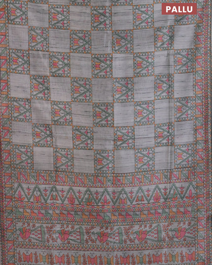 Semi tussar saree grey with allover mathubani prints & kantha stitch work