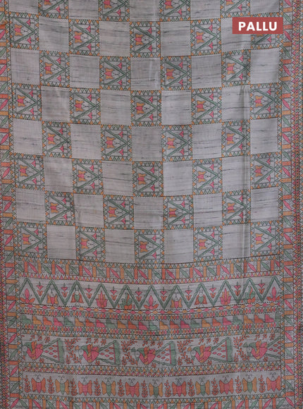 Semi tussar saree grey with allover mathubani prints & kantha stitch work