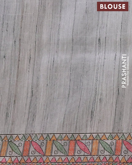 Semi tussar saree grey with allover mathubani prints & kantha stitch work