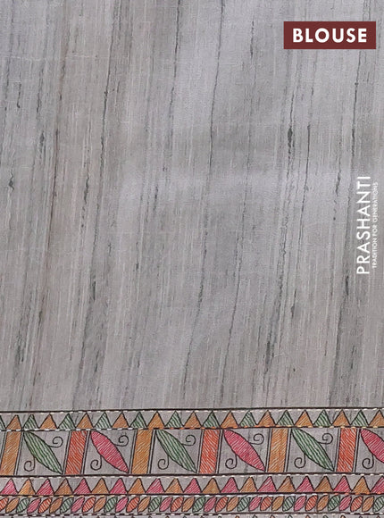 Semi tussar saree grey with allover mathubani prints & kantha stitch work