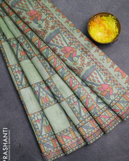 Semi tussar saree pista green with allover mathubani prints & kantha stitch work