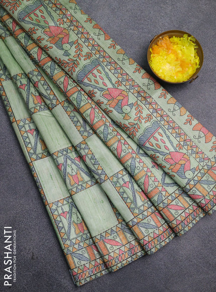 Semi tussar saree pista green with allover mathubani prints & kantha stitch work