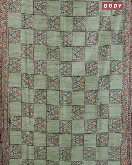 Semi tussar saree pista green with allover mathubani prints & kantha stitch work