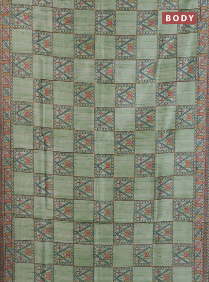 Semi tussar saree pista green with allover mathubani prints & kantha stitch work