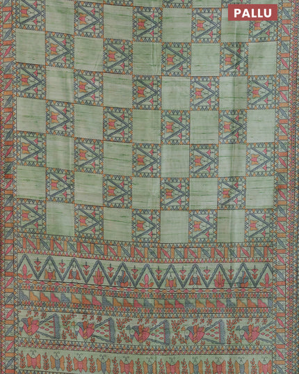 Semi tussar saree pista green with allover mathubani prints & kantha stitch work