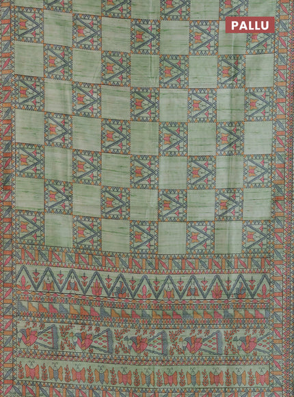 Semi tussar saree pista green with allover mathubani prints & kantha stitch work