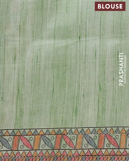 Semi tussar saree pista green with allover mathubani prints & kantha stitch work