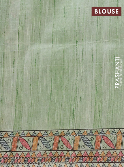 Semi tussar saree pista green with allover mathubani prints & kantha stitch work