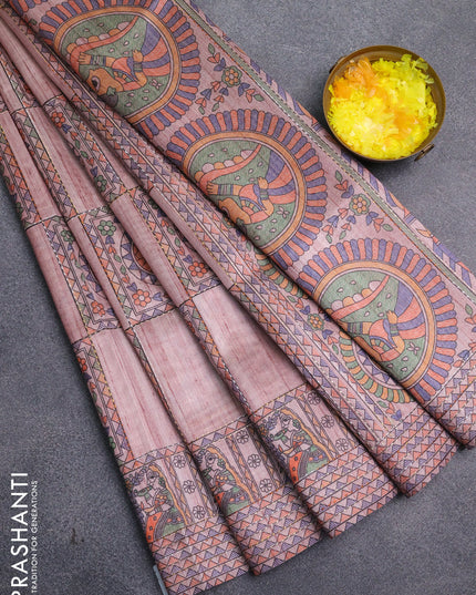 Semi tussar saree pastel pink with allover mathubani prints & kantha stitch work