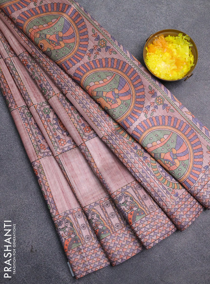 Semi tussar saree pastel pink with allover mathubani prints & kantha stitch work