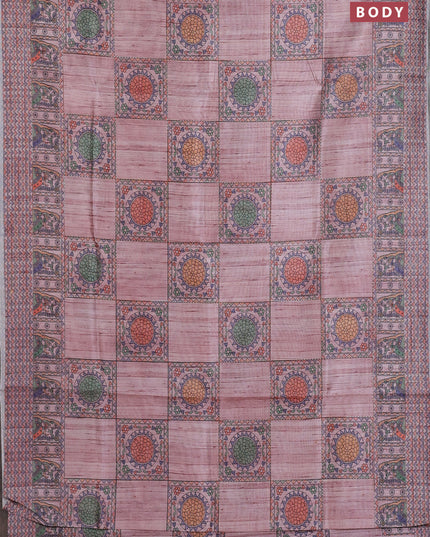 Semi tussar saree pastel pink with allover mathubani prints & kantha stitch work