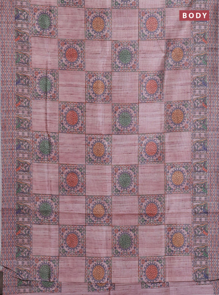 Semi tussar saree pastel pink with allover mathubani prints & kantha stitch work