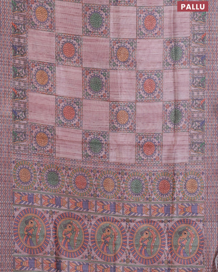 Semi tussar saree pastel pink with allover mathubani prints & kantha stitch work