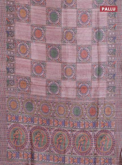 Semi tussar saree pastel pink with allover mathubani prints & kantha stitch work