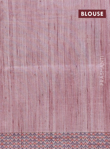 Semi tussar saree pastel pink with allover mathubani prints & kantha stitch work