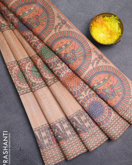 Semi tussar saree orange with allover mathubani prints & kantha stitch work