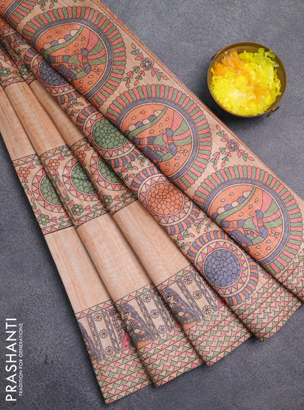 Semi tussar saree orange with allover mathubani prints & kantha stitch work