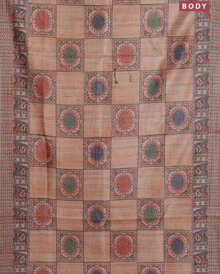 Semi tussar saree orange with allover mathubani prints & kantha stitch work