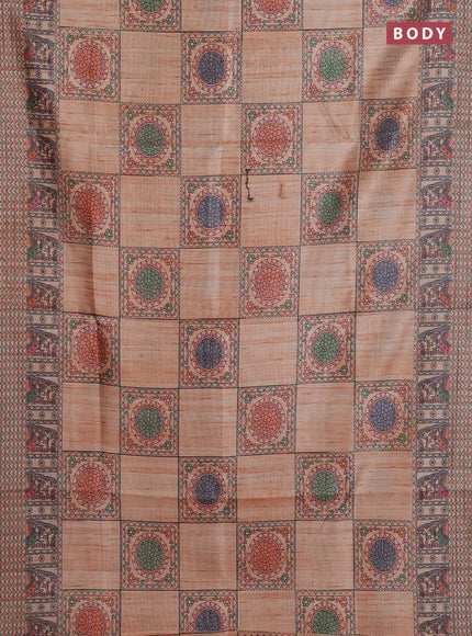 Semi tussar saree orange with allover mathubani prints & kantha stitch work