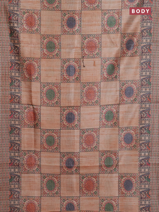 Semi tussar saree orange with allover mathubani prints & kantha stitch work