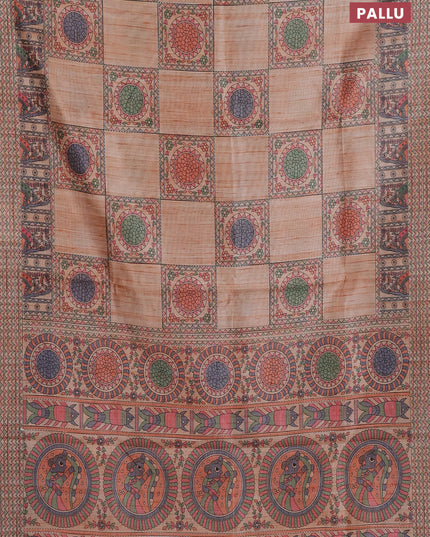 Semi tussar saree orange with allover mathubani prints & kantha stitch work