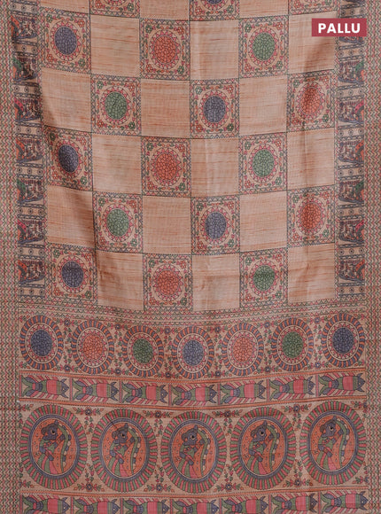 Semi tussar saree orange with allover mathubani prints & kantha stitch work