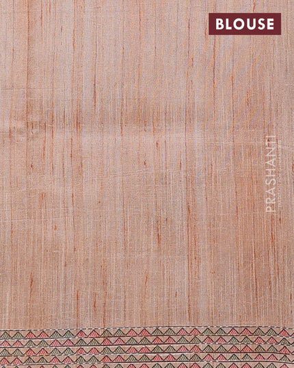 Semi tussar saree orange with allover mathubani prints & kantha stitch work