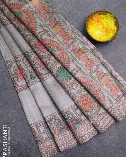 Semi tussar saree grey with allover mathubani prints & kantha stitch work