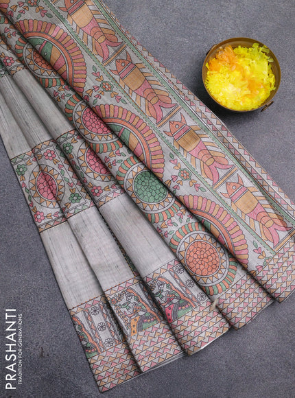 Semi tussar saree grey with allover mathubani prints & kantha stitch work