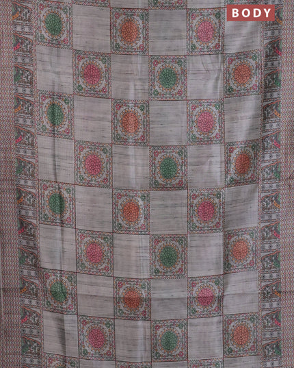 Semi tussar saree grey with allover mathubani prints & kantha stitch work