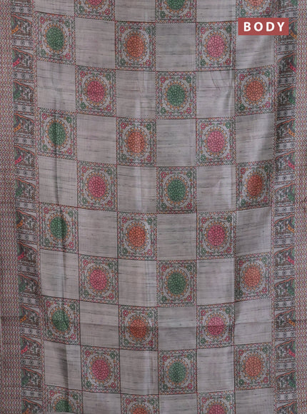 Semi tussar saree grey with allover mathubani prints & kantha stitch work