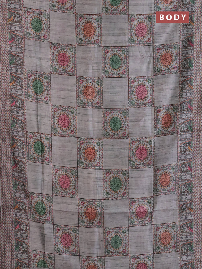 Semi tussar saree grey with allover mathubani prints & kantha stitch work