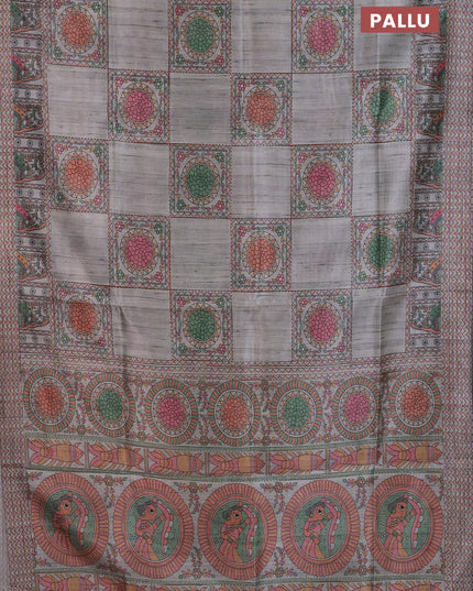 Semi tussar saree grey with allover mathubani prints & kantha stitch work