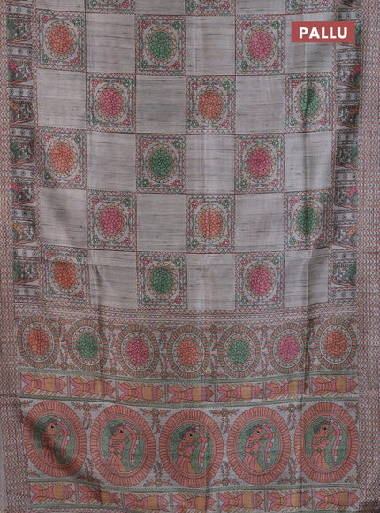 Semi tussar saree grey with allover mathubani prints & kantha stitch work