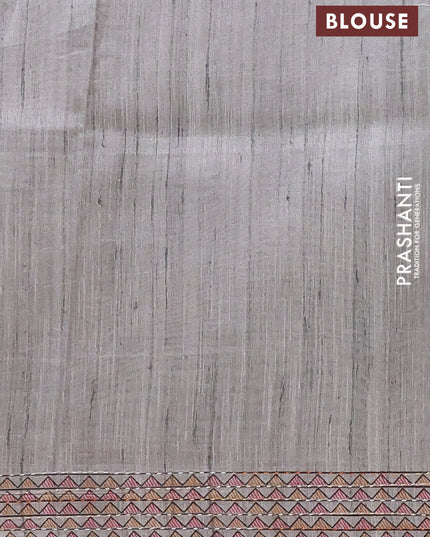 Semi tussar saree grey with allover mathubani prints & kantha stitch work