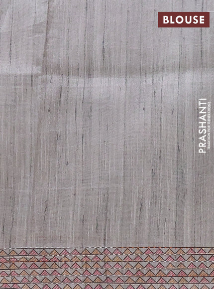 Semi tussar saree grey with allover mathubani prints & kantha stitch work