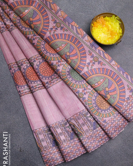 Semi tussar saree mauve pink with allover mathubani prints & kantha stitch work