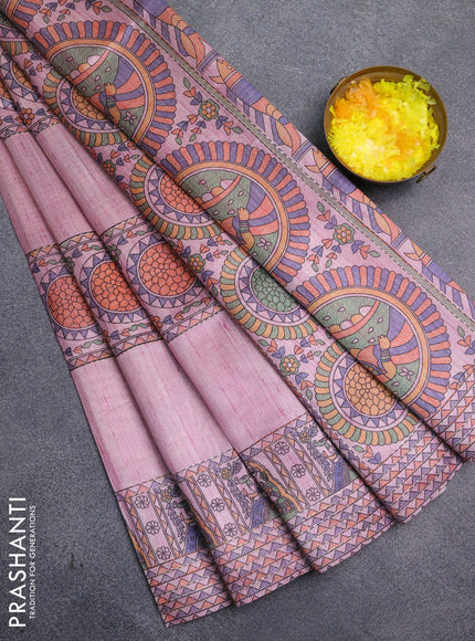 Semi tussar saree mauve pink with allover mathubani prints & kantha stitch work