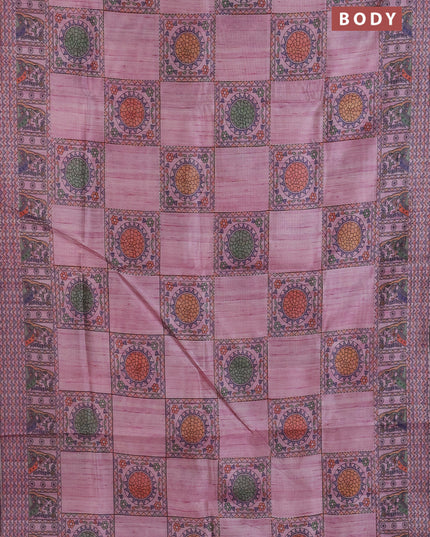 Semi tussar saree mauve pink with allover mathubani prints & kantha stitch work