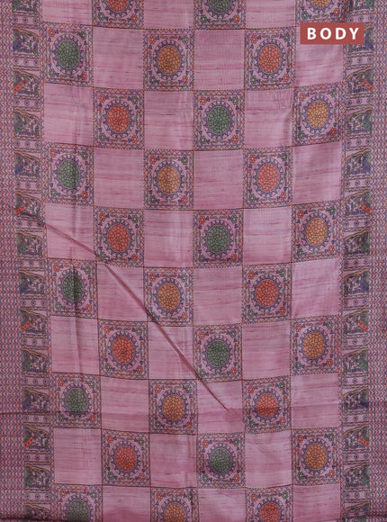 Semi tussar saree mauve pink with allover mathubani prints & kantha stitch work