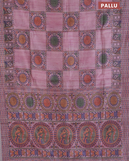 Semi tussar saree mauve pink with allover mathubani prints & kantha stitch work