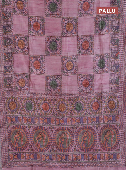 Semi tussar saree mauve pink with allover mathubani prints & kantha stitch work
