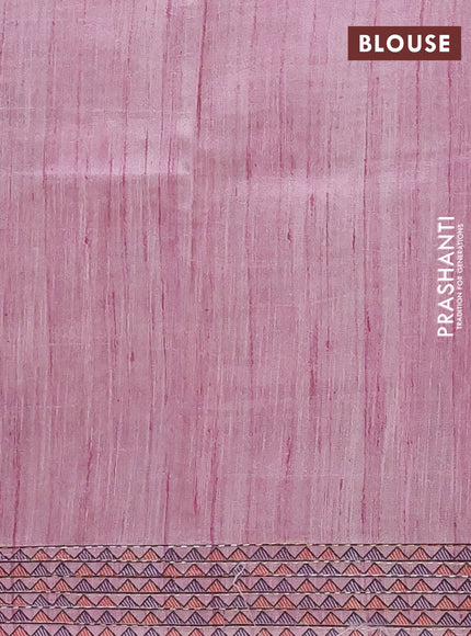 Semi tussar saree mauve pink with allover mathubani prints & kantha stitch work